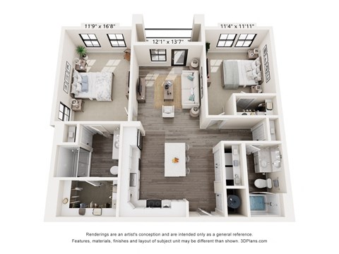 Floor plan for 2 beds, 2 baths, 1074 sqft